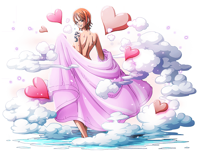 bodskih breasts brown_eyes e1girl from_behidn full_body heart looking_at_viewer looking_back medium_breasts nami_(one_piece) nude olos one_piece orange_hair pink_towel short_hair sideboob smile standing steam tanding tattoo towel transparent_background water wet