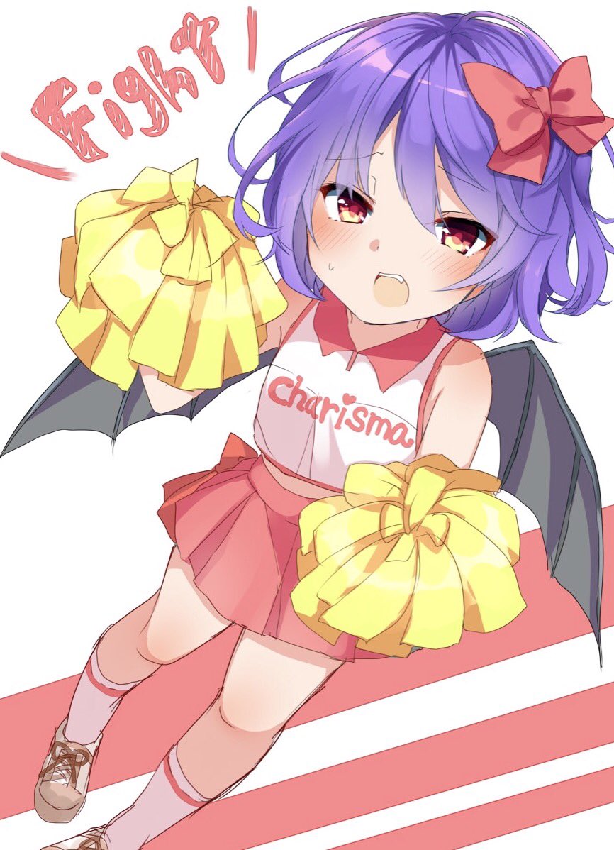 1girl alternate_costume bangs bat_wings black_wings blush bow brown_eyes cheerleader dutch_angle eyebrows_visible_through_hair hair_bow heart karasusou_nano looking_at_viewer open_mouth pink_skirt pleated_skirt pom_poms purple_hair red_bow remilia_scarlet shoes short_hair skirt sleeveless socks solo standing sweat touhou wings