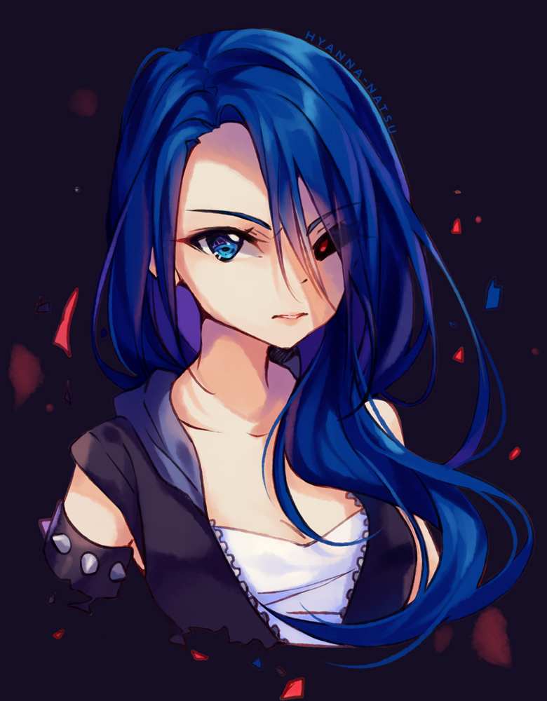 1girl armlet artist_name black_background black_sclera black_vest blue_eyes blue_hair blush borrowed_character clenched_teeth collarbone heterochromia hyanna-natsu lips long_hair looking_at_viewer mismatched_sclera open_clothes open_vest original parted_lips red_eyes simple_background solo spiked_armlet spikes teeth unzipped upper_body vest