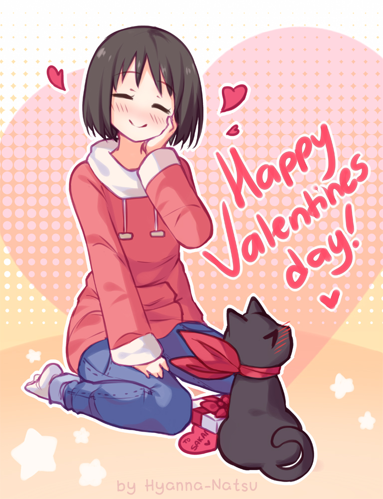 &gt;_&lt; 1girl animal black_hat blush box brown_hair closed_eyes denim drawstring full_body gift gift_box halftone halftone_background hand_on_own_cheek hand_on_own_knee happy_valentine hat heart hyanna-natsu jeans long_sleeves multicolored multicolored_background nichijou nose_blush pants pet red_ribbon red_sweater ribbon sakamoto_(nichijou) shinonome_nano short_hair sitting smile socks solo star wariza white_legwear