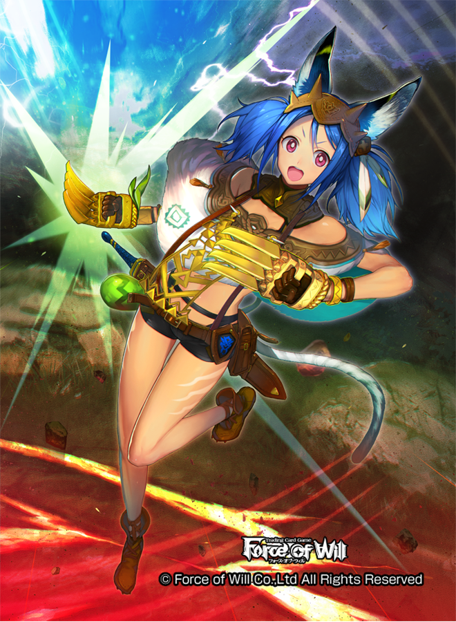 1girl animal_ears aym blue_hair boots cat_tail claws copyright_name electricity feathers force_of_will gloves headband long_hair official_art open_mouth rock solo sword tail tattoo teeth twintails violet_eyes weapon