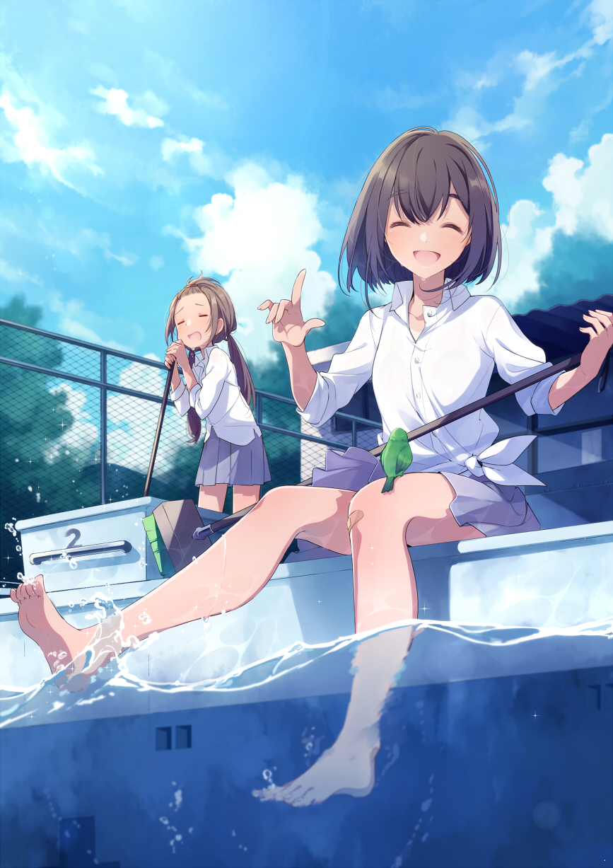 2girls :d ^ animal bandaid bandaid_on_knee bangs bare_legs barefoot bird blue_sky blush broom brown_hair chain-link_fence collared_shirt commentary_request day dress_shirt feet fence happy highres holding holding_broom index_finger_raised lavender_skirt long_hair long_sleeves low_twintails multiple_girls open_mouth original outdoors partially_underwater_shot pool school_uniform shirt short_hair sitting sky sleeves_pushed_up smile soaking_feet splashing standing tied_shirt twintails u35 water white_shirt wing_collar