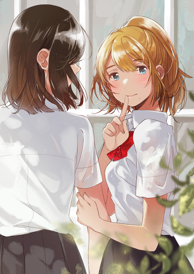 2girls black_skirt blonde_hair blue_eyes blush bow bowtie brown_hair closed_mouth collared_shirt commentary_request couple day eyebrows_visible_through_hair facing_to_the_side female finger_to_mouth fly_(marguerite) hand_on_another's_arm looking_at_viewer mole mole_under_mouth multiple_girls original pleated_skirt red_bow red_bowtie school_uniform shiny shiny_hair shirt short_hair short_sleeves shushing skirt smile sunlight tareme white_shirt wing_collar yuri