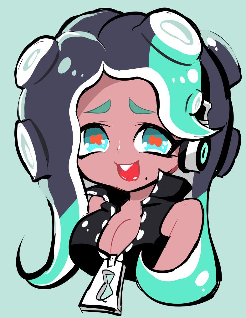 1girl :d aqua_background aqua_hair bare_shoulders black_hair black_shirt blue_eyes breasts cleavage dark_skin eyelashes fang headphones horizontal_pupils iida_(splatoon) kaneko_kogane large_breasts long_hair looking_at_viewer mole mole_under_mouth multicolored_hair octarian open_mouth popped_collar red_pupils shirt simple_background sleeveless sleeveless_shirt smile solo splatoon splatoon_2 suction_cups tareme tentacle_hair tongue two-tone_hair unzipped upper_body zipper zipper_pull_tab