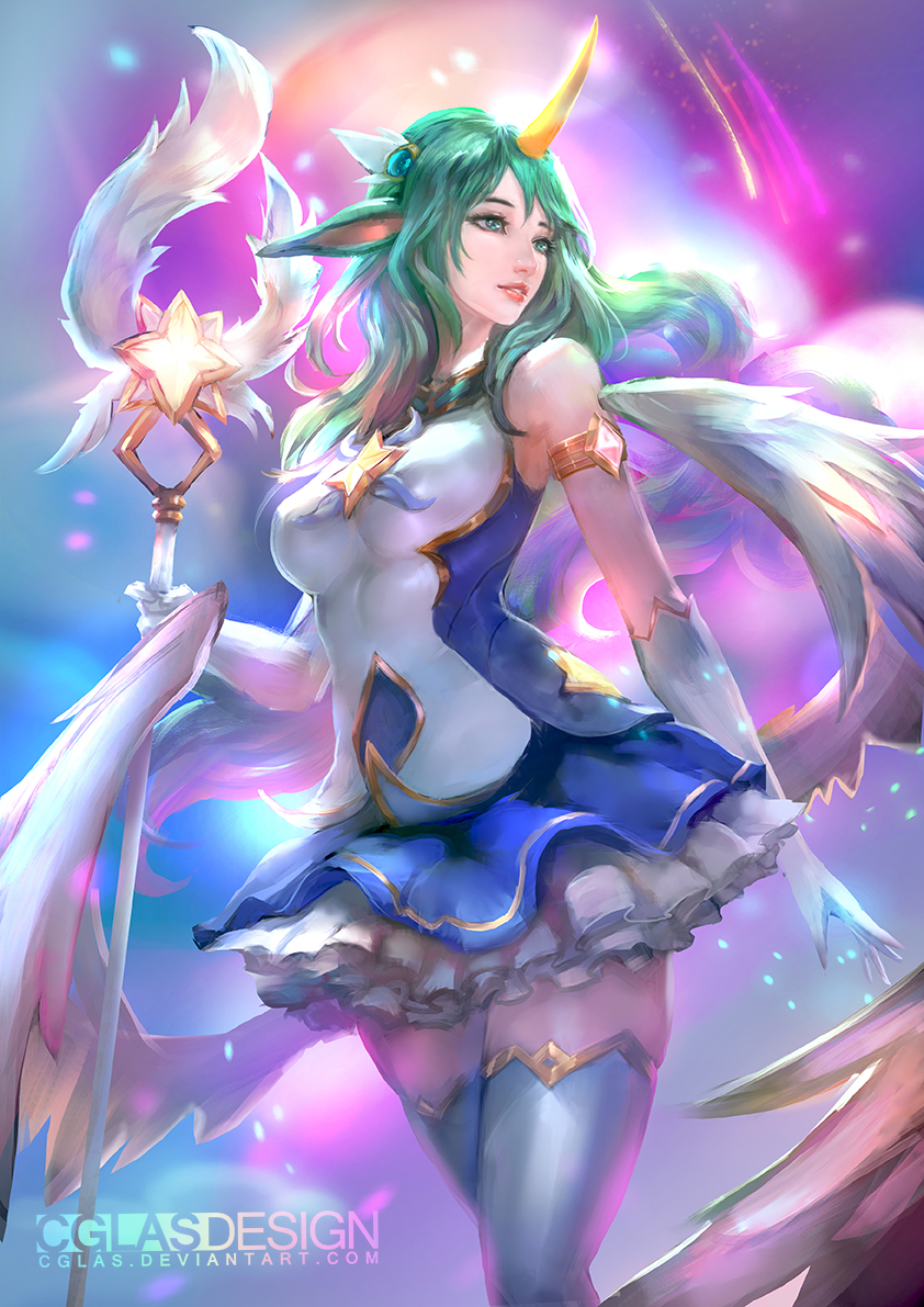 1girl alternate_costume alternate_hair_color alternate_skin_color animal_ears armlet artist_name blue_skirt breasts cglas fluffy_ears gloves green_eyes green_hair hair_ornament horn league_of_legends long_hair looking_to_the_side magical_girl medium_breasts parted_lips pointy_ears shooting_star skirt solo soraka staff star_guardian_soraka thigh-highs very_long_hair watermark web_address white_gloves white_legwear wings