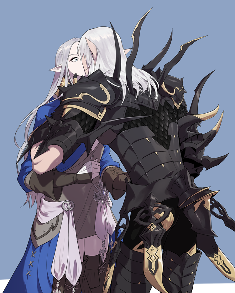 1boy 1girl armor blue_background blue_dress blue_eyes boots breastplate brown_footwear byuub closed_eyes couple cowboy_shot dress elf estinien final_fantasy final_fantasy_xiv fingerless_gloves gauntlets gloves grey_hair hair_between_eyes height_difference kiss knee_boots long_hair long_sleeves looking_at_another pauldrons pointy_ears scale_armor simple_background standing white_hair ysayle