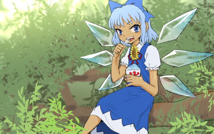 1girl blue_eyes blue_hair branch cirno dress eating flower hair_ribbon ice ice_wings looking_at_viewer meimaru_inuchiyo ribbon shaved_ice short_hair solo sunflower tan tanned_cirno touhou wings