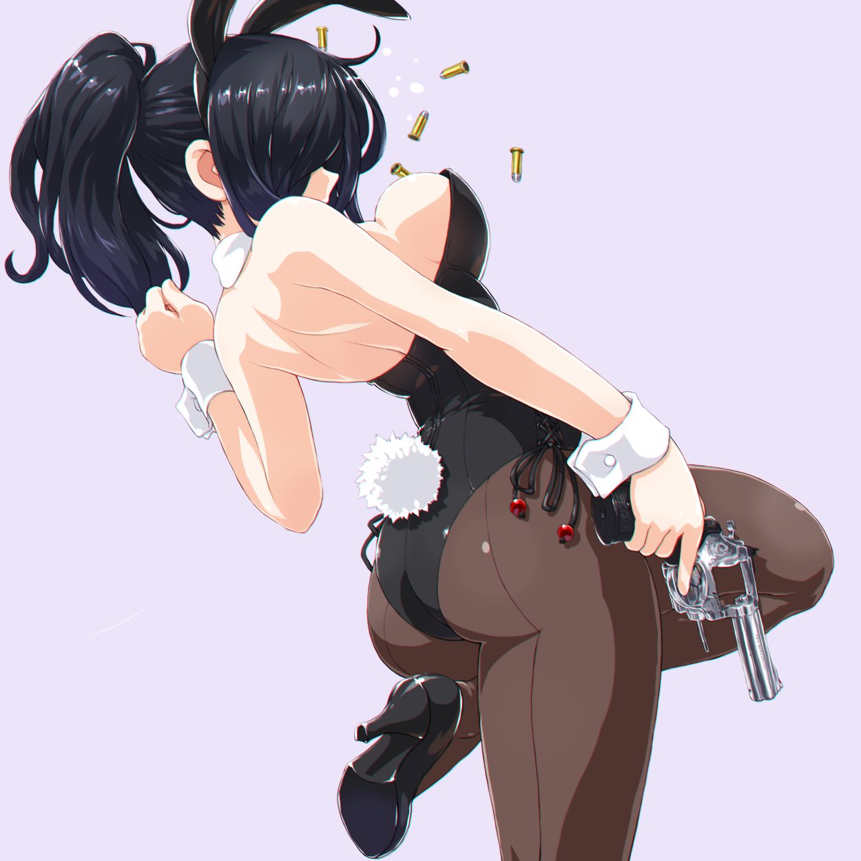 1girl ammunition animal_ears ass back-seamed_legwear bare_shoulders black_hair black_leotard breasts bullet bunny_girl bunny_tail bunnysuit dd_(ijigendd) detached_collar fake_animal_ears gun handgun high_heels highres holding holding_weapon leotard long_hair medium_breasts original pantyhose ponytail rabbit_ears revolver seamed-_legwear sideboob solo standing_on_one_leg strapless strapless_leotard tail weapon wrist_cuffs