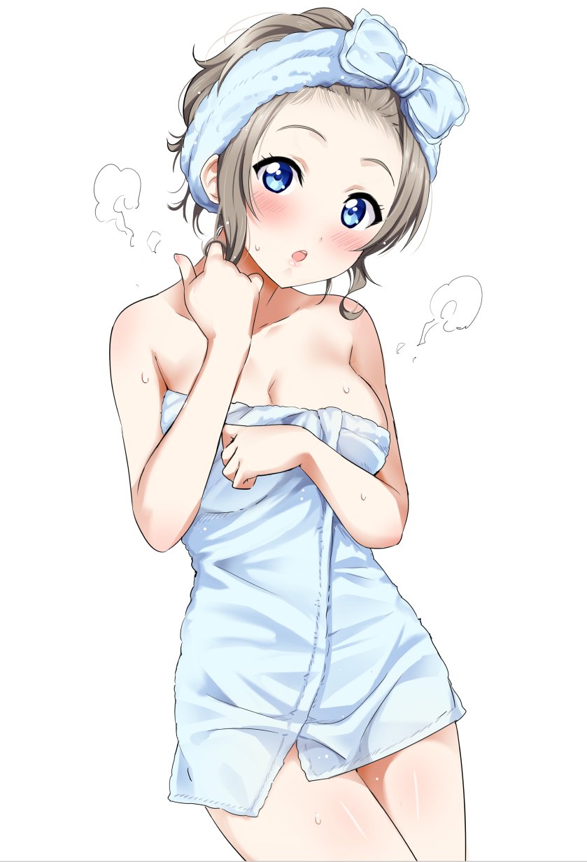 1girl :o alternate_hairstyle blue_eyes blush breasts brown_hair cleavage commentary_request cowboy_shot forehead highres looking_at_viewer love_live! love_live!_sunshine!! medium_breasts naked_towel open_mouth rozen5 short_hair simple_background solo standing steam teeth towel towel_on_head watanabe_you wet white_background white_towel