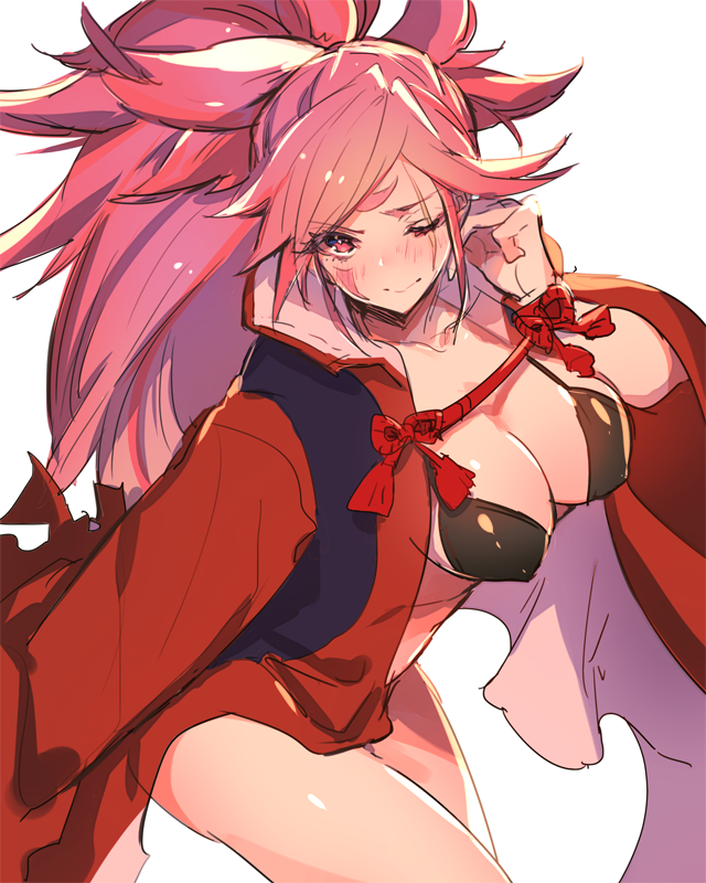 1girl amputee baiken bikini blush breasts cleavage guilty_gear guilty_gear_xrd japanese_clothes kimono large_breasts long_hair one-eyed open_clothes oro_(sumakaita) pink_eyes pink_hair ponytail scar scar_across_eye solo swimsuit tattoo