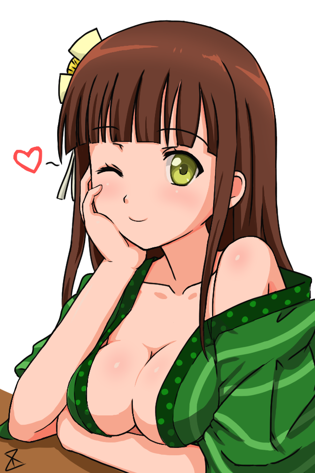 1girl ;) bangs blunt_bangs blush breast_rest breasts brown_hair cleavage closed_mouth collarbone commentary_request duan_shi_jue_ming eyebrows_visible_through_hair flower gochuumon_wa_usagi_desu_ka? green_eyes green_kimono hair_flower hair_ornament hand_on_own_cheek heart japanese_clothes kimono long_hair looking_at_viewer medium_breasts off_shoulder one_eye_closed polka_dot_trim ribbon short_sleeves smile solo striped striped_kimono ujimatsu_chiya upper_body white_background white_ribbon wide_sleeves yellow_flower