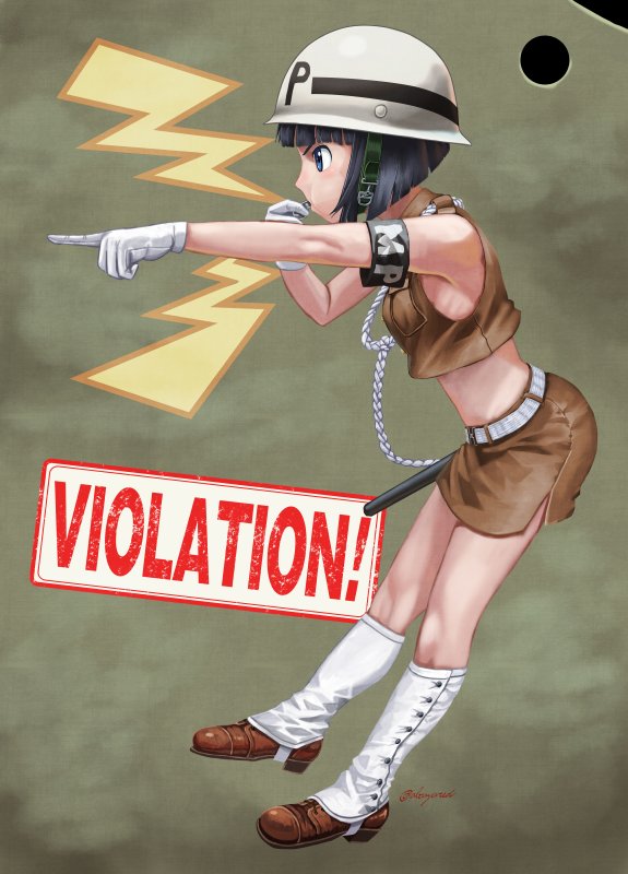 1girl abazu-red ankle_boots armband bangs black_eyes black_hair blowing_whistle blunt_bangs bob_cut boots brown_footwear brown_shirt brown_skirt commentary_request crop_top dress_shirt english from_side full_body girls_und_panzer gloves helmet holding leaning_forward midriff military_police miniskirt pencil_skirt pointing shirt short_hair side_slit skirt sleeveless sleeveless_shirt solo sono_midoriko standing whistle white_gloves white_legwear