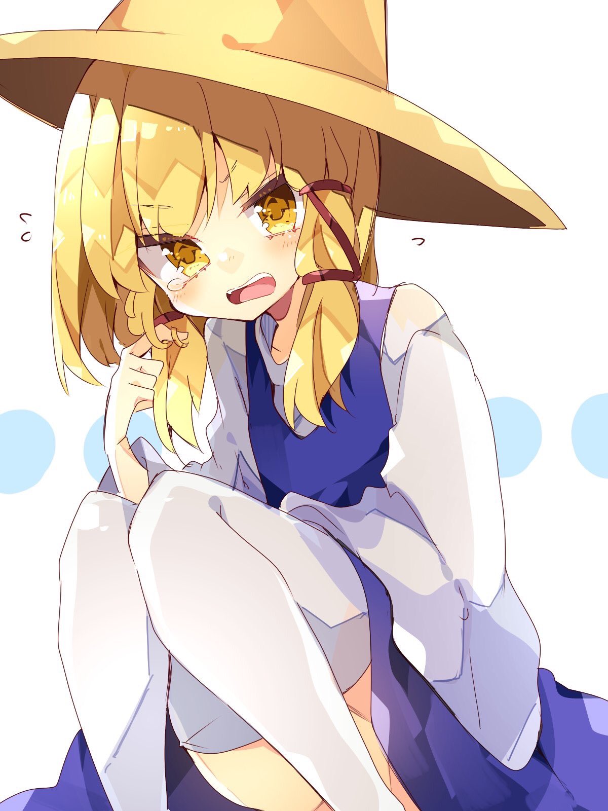 1girl bangs blonde_hair blue_skirt blue_vest blush hair_ribbon hat highres long_sleeves looking_at_viewer moriya_suwako nikorashi-ka open_mouth ribbon short_hair sidelocks simple_background skirt squatting tears thigh-highs touhou turtleneck vest white_legwear wide_sleeves yellow_eyes