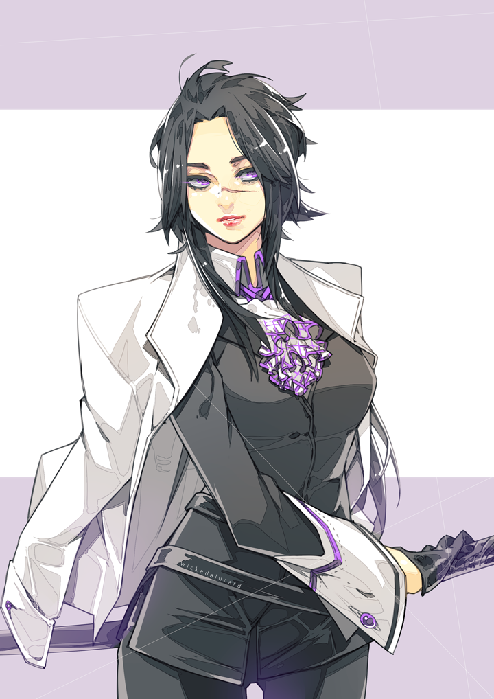 1girl artist_name black_hair breasts cravat facial_scar formal gloves hand_on_sword ian_olympia jacket jacket_on_shoulders katana lips lipstick long_hair makeup medium_breasts nose_scar original scar solo suit sword violet_eyes watermark weapon