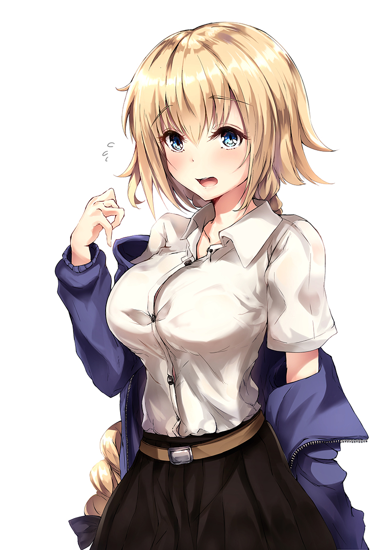 1girl ahoge belt blonde_hair blue_eyes blush braid breasts dress_shirt fate/grand_order fate_(series) flying_sweatdrops jacket jeanne_alter large_breasts long_hair nakatokung off_shoulder open_mouth ruler_(fate/apocrypha) shirt short_hair single_braid skirt very_long_hair white_background
