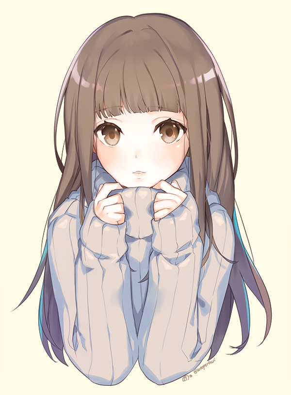 1girl artist_name bangs blunt_bangs brown_eyes brown_hair eyebrows_visible_through_hair grey_sweater hands_up light_smile lips long_hair long_sleeves naguri original parted_lips shiny shiny_hair simple_background sleeves_past_wrists solo sweater tareme turtleneck turtleneck_sweater upper_body yellow_background