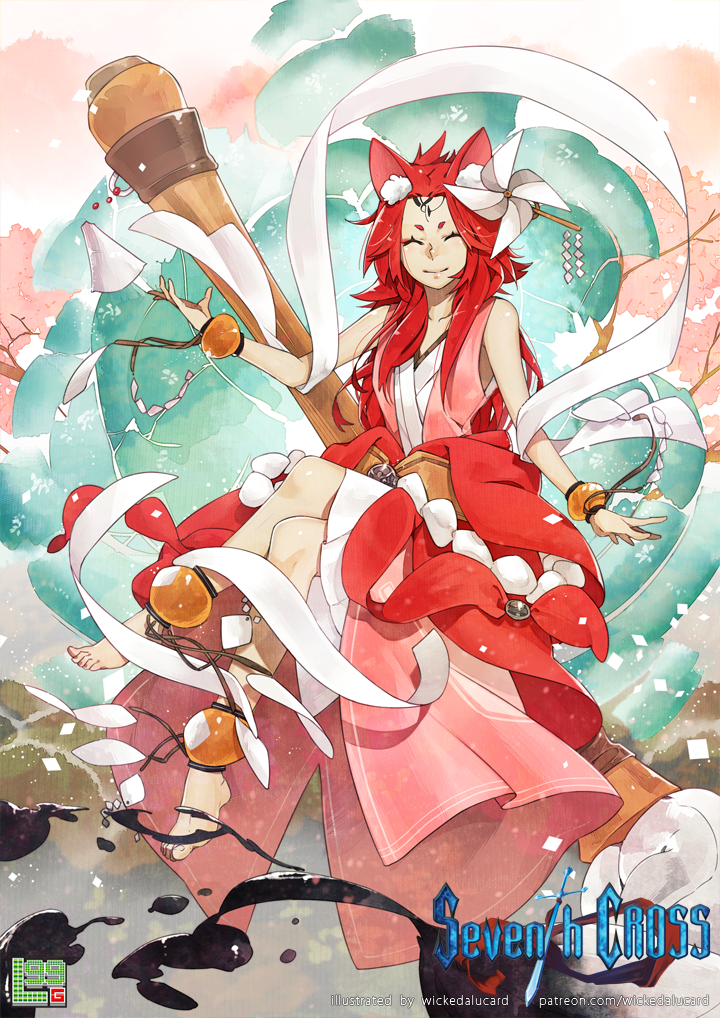 animal_ears anklet artist_name bracelet calligraphy_brush closed_eyes copyright_name floating fox_ears ian_olympia japanese_clothes jewelry legs_crossed logo long_hair paintbrush pinwheel redhead seijun seventh_cross sitting smile watermark web_address