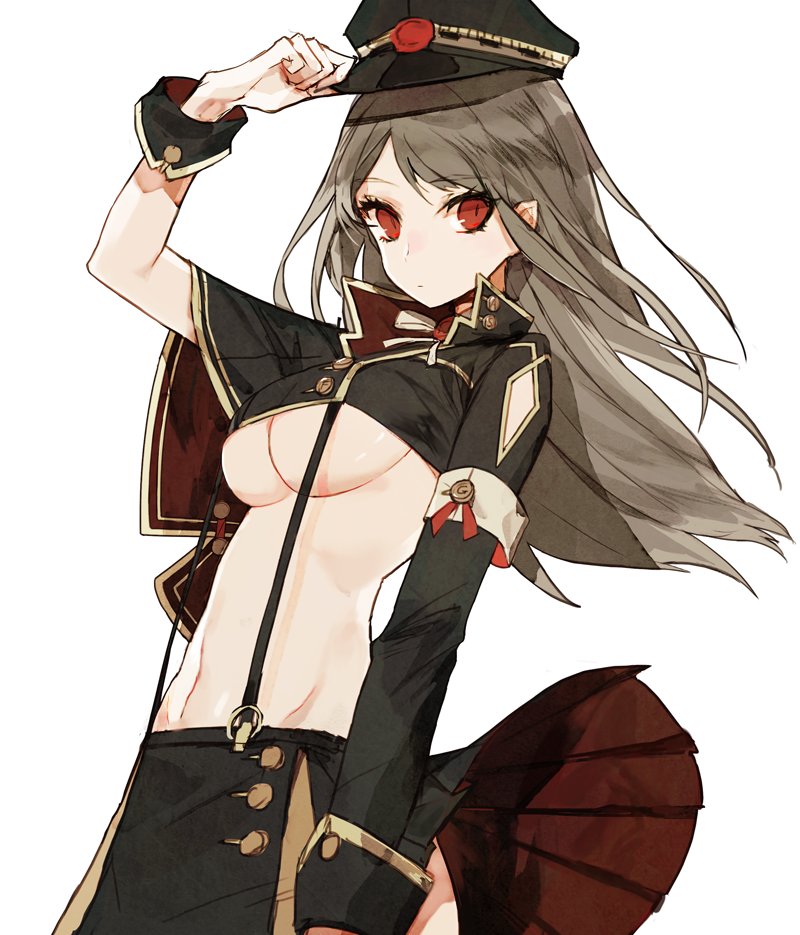 1girl adjusting_clothes adjusting_hat arm_up asymmetrical_clothes bangs black_skirt breasts closed_mouth cowboy_shot crop_top floating_hair grey_background grey_hair hat large_breasts long_hair long_sleeves looking_at_viewer military military_uniform mo_(mocopo) navel original peaked_cap pleated_skirt pointy_ears sidelocks simple_background skirt solo suspenders uniform wind wind_lift wrist_cuffs