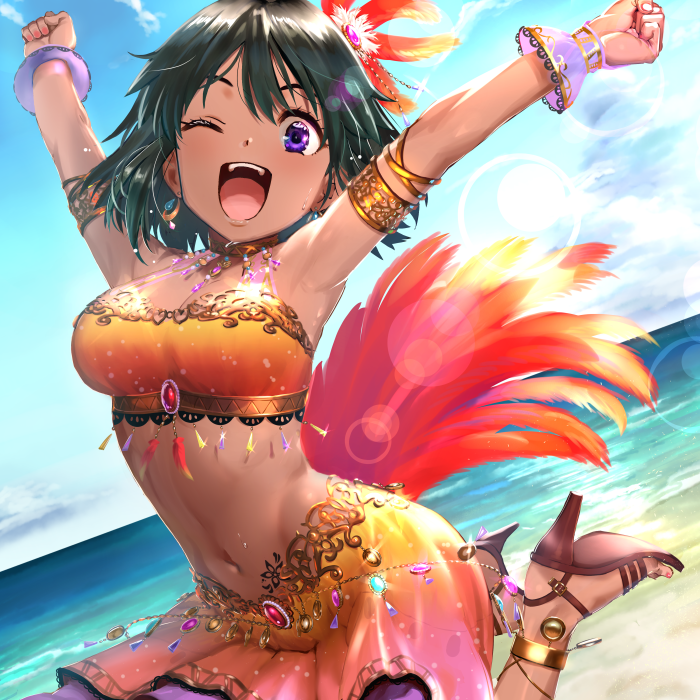 1girl ;d armlet armpits arms_up backlighting bangs blue_sky blush breasts cleavage clouds day dutch_angle earrings feathers gem glint green_hair hair_feathers high_heels horizon idolmaster idolmaster_cinderella_girls jewelry jumping lens_flare looking_at_viewer medium_breasts natalia_(idolmaster) navel ocean one_eye_closed open_mouth outdoors pettan_p raised_fists sarong short_hair sky smile solo stomach tareme violet_eyes