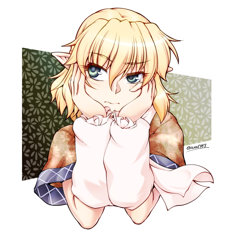 &gt;:( 1girl arm_warmers bangs blonde_hair chin_rest closed_mouth eyebrows_visible_through_hair green_eyes looking_away mizuhashi_parsee ootsuki_wataru pointy_ears short_sleeves solo touhou upper_body