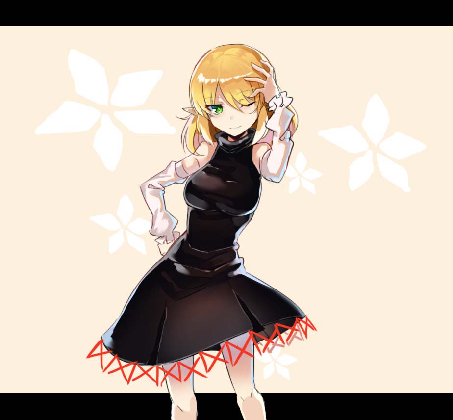 1girl arm_warmers bare_legs bare_shoulders black_dress blonde_hair breasts closed_eyes dress green_eyes hand_on_own_head mizuhashi_parsee one_eye_closed pointy_ears rin_falcon short_hair simple_background smile standing touhou turtleneck