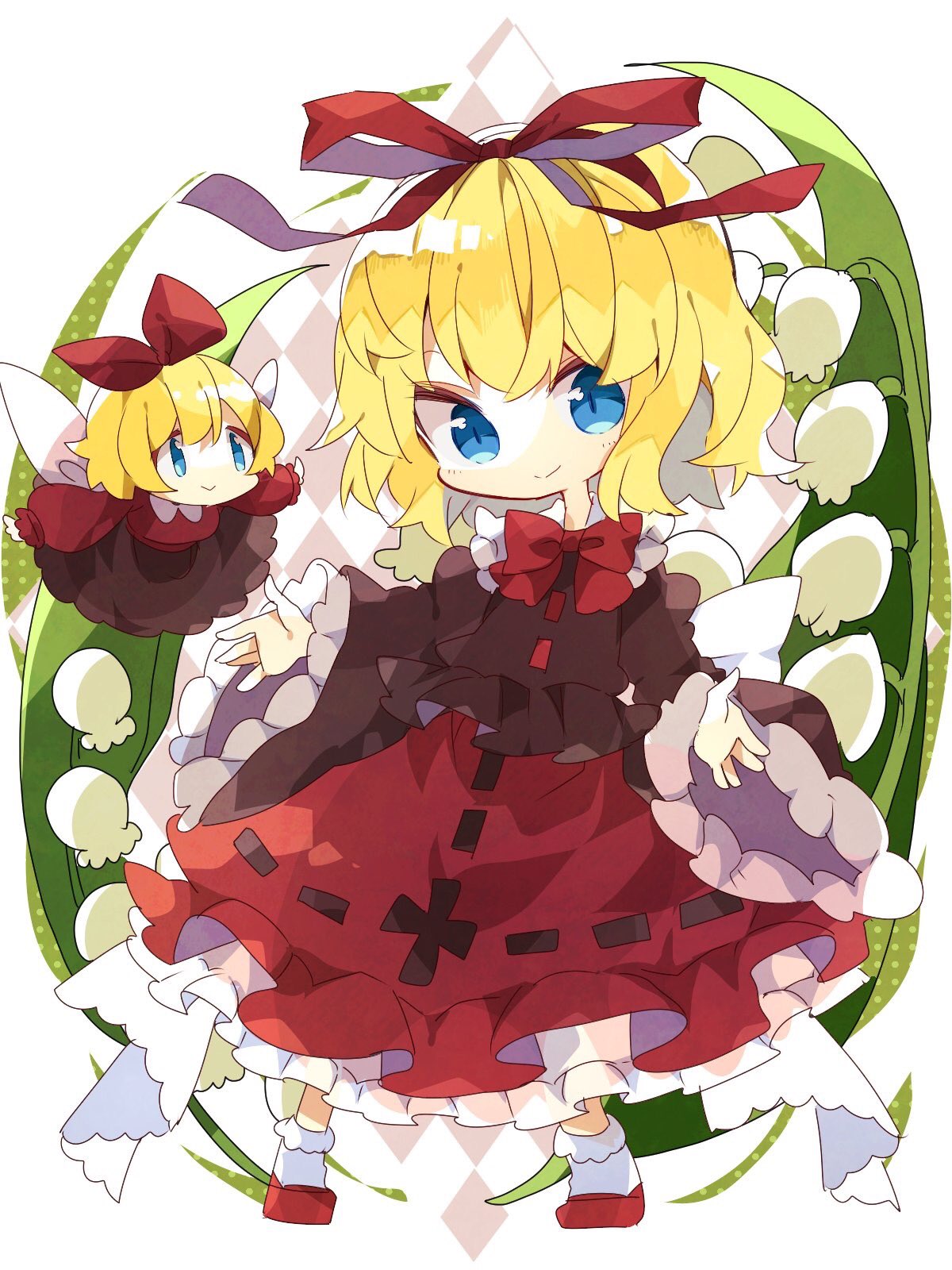 1girl blonde_hair blue_eyes bow brown_shirt chibi closed_eyes fairy_wings flower frilled_shirt frilled_skirt frilled_sleeves frills full_body hair_bow hair_ribbon highres lily_of_the_valley looking_at_another looking_at_viewer medicine_melancholy nikorashi-ka open_hand red_bow red_ribbon red_skirt ribbon shirt short_hair skirt smile su-san touhou wavy_hair white_bow white_legwear wings