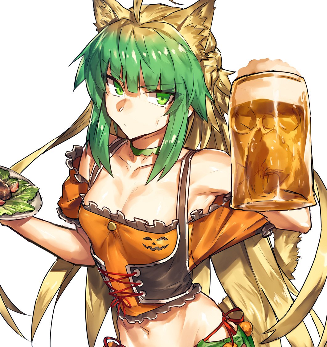 &gt;:/ 1girl :/ ahoge alcohol alternate_costume animal_ears archer_of_red armpits beer beer_mug blonde_hair breasts cat_ears choker cleavage closed_mouth fate/apocrypha fate_(series) green_eyes green_hair long_hair looking_at_viewer melon22 multicolored_hair navel off-shoulder_shirt orange_shirt shirt small_breasts solo stomach two-tone_hair very_long_hair