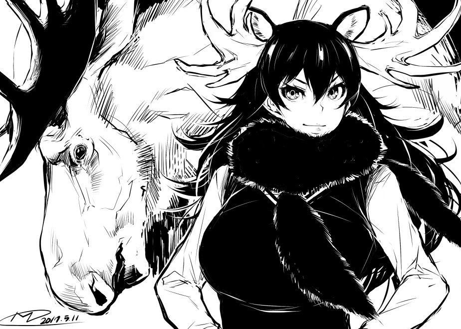 &gt;:| 1girl 2017 antlers breasts dated extra_ears fur_collar greyscale hair_between_eyes hands_on_hips happa_(cloverppd) kemono_friends large_breasts long_hair long_sleeves looking_at_viewer monochrome moose moose_(kemono_friends) moose_ears signature smile upper_body