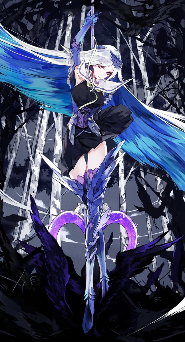 arm_up bird black_dress blue_footwear blue_hair boots breasts crow crown dress eyebrows_visible_through_hair fate/grand_order fate_(series) forest gauntlets greaves grey_hair highres holding holding_spear holding_weapon lance lancer_(fate/prototype_fragments) large_breasts long_hair looking_at_viewer mo_(mocopo) multicolored_hair nature parted_lips pink_eyes polearm spear standing two-tone_hair underbust very_long_hair walking weapon