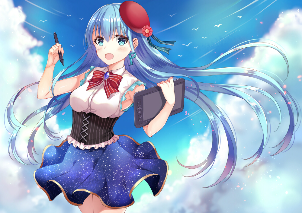 1girl bangs beret blouse blue_eyes blue_hair blue_sky breasts clouds cloudy_sky corset cowboy_shot day earrings eyebrows_visible_through_hair floating_hair hands_up harimoji hat holding jewelry long_hair looking_at_viewer medium_breasts open_mouth original outdoors pixiv pixiv-tan sky sleeveless sleeveless_blouse smile solo starry_sky_print stylus tablet tareme white_blouse