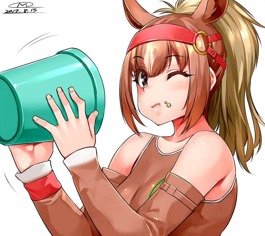 1girl 2017 ;t animal_ears bare_shoulders blonde_hair brown_eyes brown_hair bucket chestnut_thoroughbred_(kemono_friends) commentary_request dated detached_sleeves extra_ears eyebrows_visible_through_hair food food_on_face from_side hands_up happa_(cloverppd) holding holding_bucket horse_ears kemono_friends long_hair long_ponytail looking_at_viewer looking_to_the_side motion_lines multicolored_hair partial_commentary signature simple_background solo upper_body white_background