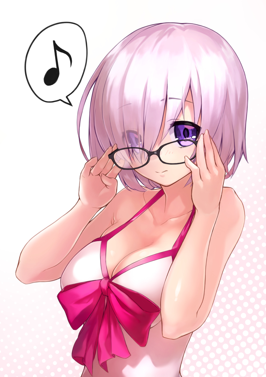 1girl adjusting_eyewear bangs bare_shoulders bikini_top black-framed_eyewear blush breasts cleavage closed_mouth collarbone dress dress_swimsuit eyebrows_visible_through_hair eyes_visible_through_hair fate/grand_order fate_(series) glasses hair_over_one_eye halftone halftone_background halterneck hands_up highres hyp lavender_hair light_smile long_sleeves looking_at_viewer medium_breasts musical_note pink_ribbon quaver ribbon shielder_(fate/grand_order) short_hair sleeves_past_wrists smile solo speech_bubble spoken_musical_note swimsuit swimsuit_of_perpetual_summer tareme upper_body violet_eyes white_dress white_swimsuit