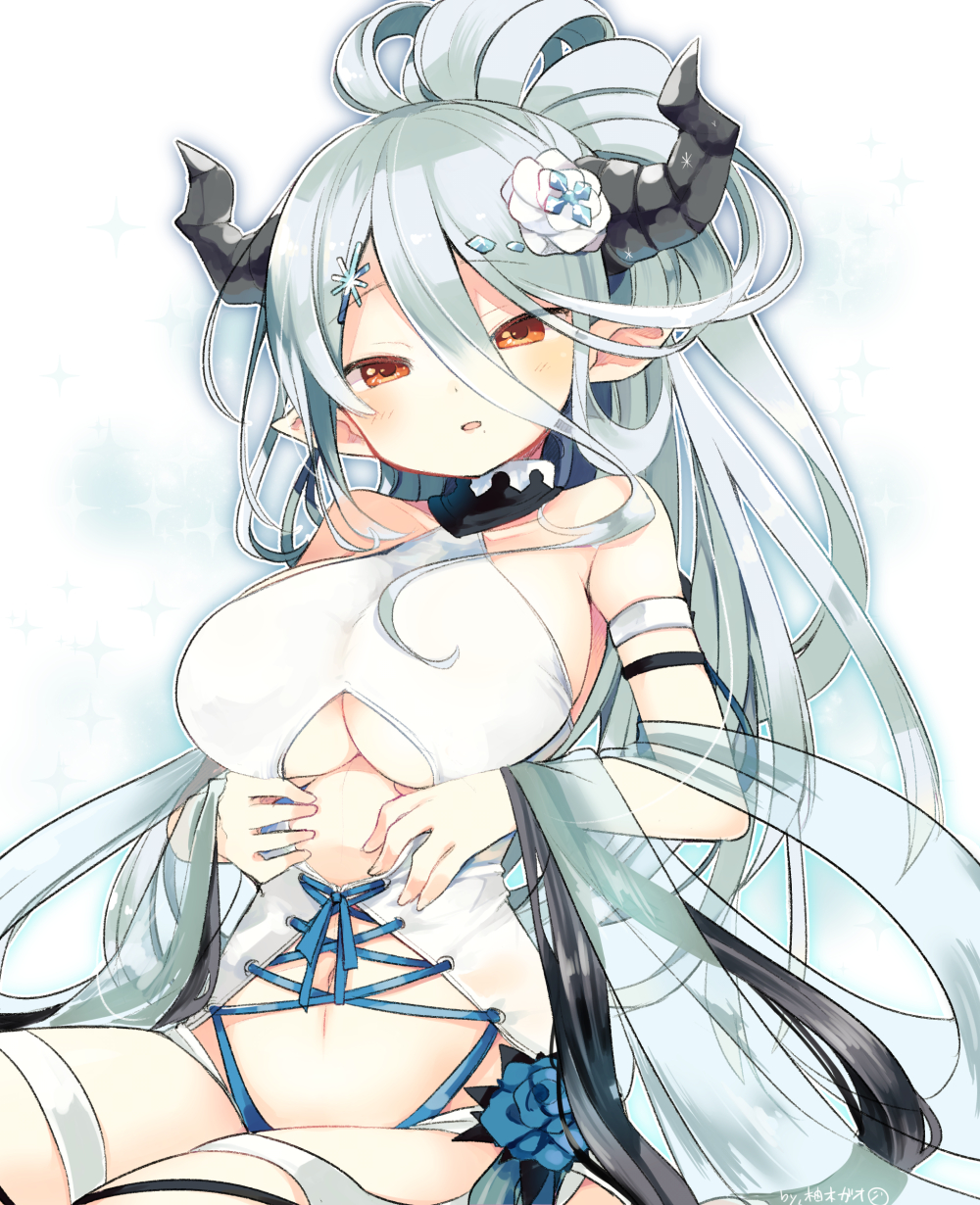 1girl bare_shoulders blue_rose blush breasts collarbone commentary_request doraf flower granblue_fantasy hair_between_eyes hair_flower hair_ornament highres horns izmir large_breasts long_hair looking_at_viewer mole mole_under_mouth navel pointy_ears red_eyes rose silver_hair simple_background snowflake_hair_ornament solo swimsuit under_boob white_background yuzuki_gao