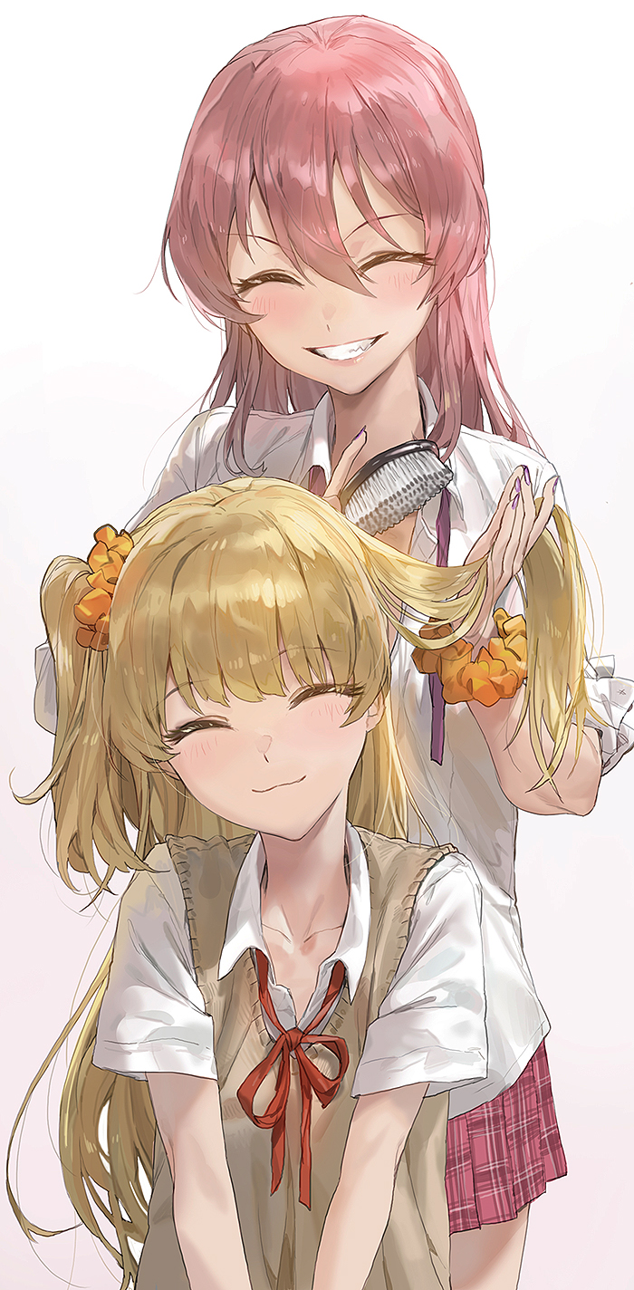 2girls :3 ^_^ bangs blonde_hair blush closed_eyes closed_mouth collarbone collared_shirt eyebrows_visible_through_hair grey_background grin hair_between_eyes hair_brush hair_ornament hair_scrunchie hairdressing highres holding holding_hair idolmaster idolmaster_cinderella_girls jougasaki_mika jougasaki_rika long_hair miniskirt mossi multiple_girls parted_lips pink_hair pink_skirt plaid plaid_skirt pleated_skirt scrunchie shirt short_sleeves siblings sidelocks simple_background sisters skirt smile sweater_vest teeth two_side_up v_arms white_shirt