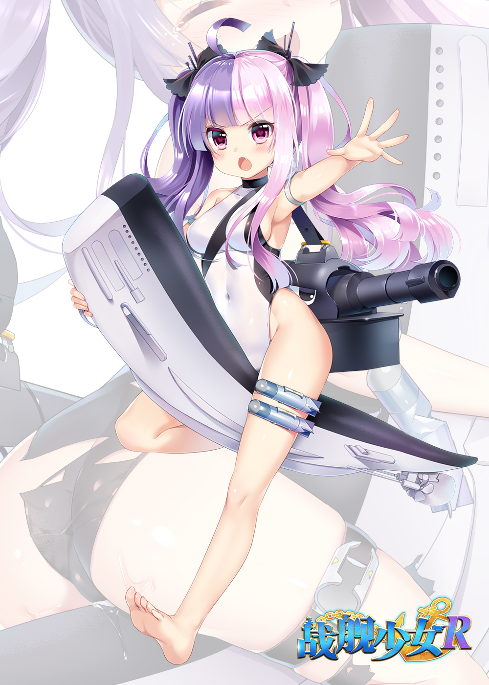 &gt;:o 1girl :o ass bangs bare_legs barefoot black_bow blunt_bangs bow breasts copyright_name covered_navel fang feet full_body hair_bow highres inflatable_toy long_hair m2_(zhan_jiao_shao_nyu) medium_breasts multicolored_hair multiple_views mvv official_art one-piece_swimsuit outstretched_arm pink_hair purple_hair revision rigging sideboob sidelocks soles swimsuit thighs toes torpedo turtleneck twintails two-tone_hair violet_eyes watermark wavy_hair white_swimsuit zhan_jian_shao_nyu zoom_layer