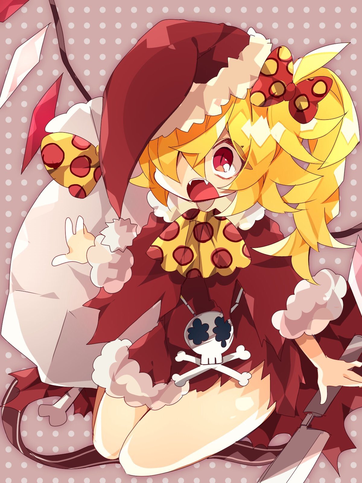 1girl bare_legs blonde_hair bone bow cape cleaver dress fangs flandre_scarlet hair_bow hat highres nikorashi-ka one_eye_covered open_mouth red_dress red_eyes santa_costume santa_hat seiza side_ponytail sitting skull_and_crossbones torn_clothes touhou wings