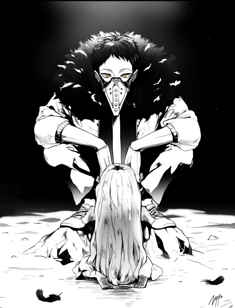 1boy 1girl bandage boku_no_hero_academia chisaki_kai commentary_request dirty_feet dress dust_particles eri_(boku_no_hero_academia) eyebrows feather_trim feathers gloves greyscale horn jacket kneeling light long_hair looking_at_another looking_down monochrome noppo plague_doctor_mask shiny shiny_hair shoes short_hair sneakers spot_color squatting yellow_eyes