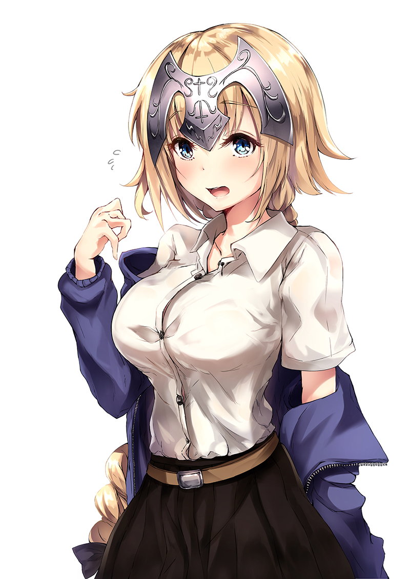 1girl ahoge belt blonde_hair blue_eyes blush braid breasts dress_shirt fate/grand_order fate_(series) flying_sweatdrops headpiece jacket jeanne_alter large_breasts long_hair nakatokung off_shoulder open_mouth ruler_(fate/apocrypha) shirt short_hair single_braid skirt very_long_hair white_background