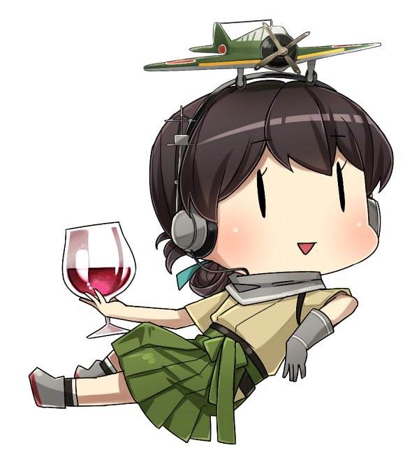 10s 1girl aircraft airplane alcohol brown_hair chibi cup drinking_glass fairy_(kantai_collection) folded_ponytail full_body gloves grey_gloves hakama headphones holding_glass japanese_clothes kantai_collection kasuga_maru_(kantai_collection) open_mouth remodel_(kantai_collection) single_glove smile solid_oval_eyes solo taiyou_(kantai_collection) triangle_mouth wine wine_glass yamashiki_(orca_buteo)