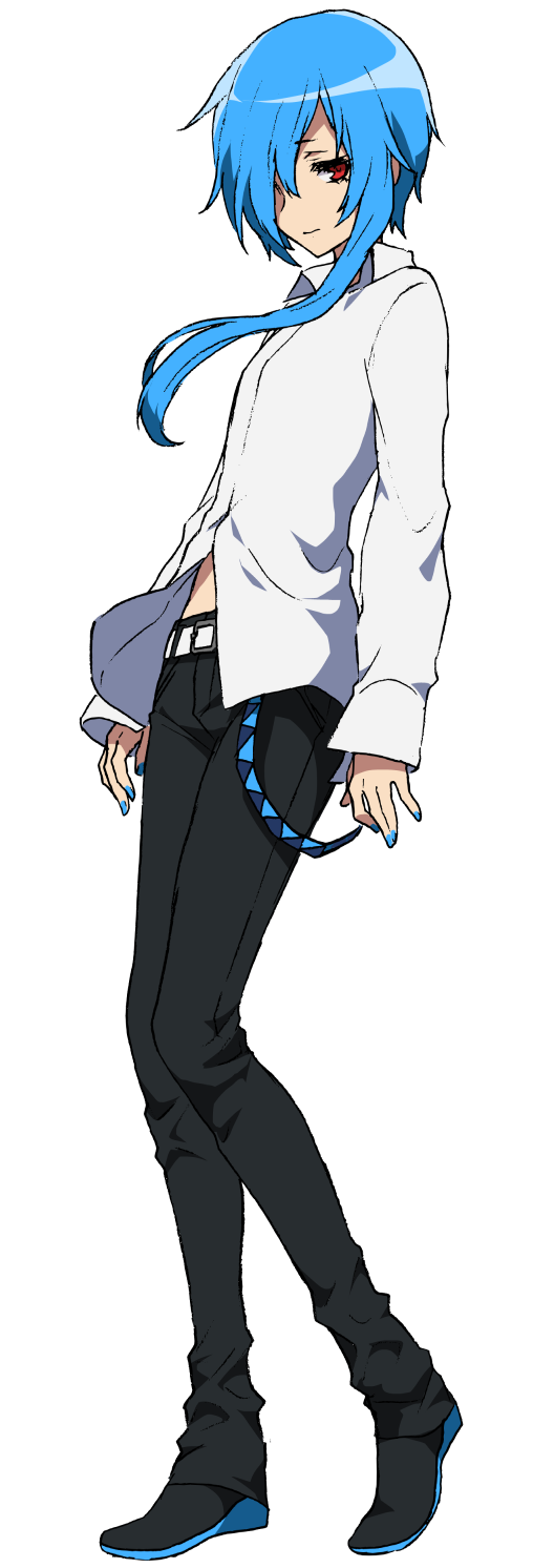 1girl blue_hair blue_nails full_body highres matsuda_toki matsudappoine midriff_peek nail_polish official_art pants red_eyes short_hair_with_long_locks smile solo transparent_background utau