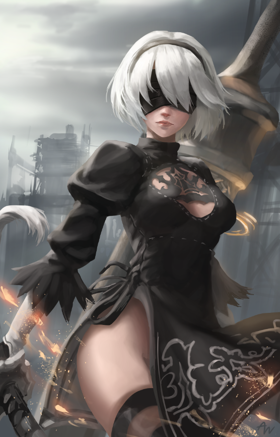 1girl athenawyrm black_dress black_hairband blindfold breasts cleavage_cutout closed_mouth covered_eyes cowboy_shot dress facing_viewer feather-trimmed_sleeves hairband highleg highleg_leotard juliet_sleeves leotard long_sleeves medium_breasts nier_(series) nier_automata puffy_sleeves short_hair solo thigh-highs vambraces white_hair white_leotard yorha_no._2_type_b