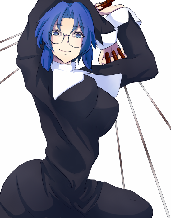 arms_up black_keys blue_eyes blue_hair breasts ciel glasses kuroi_no large_breasts melty_blood smile tsukihime white_background