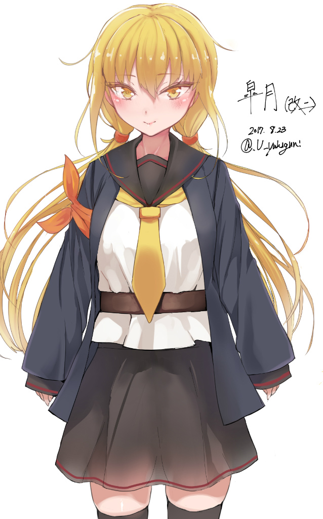 10s 1girl armband arms_at_sides bangs belt black_jacket black_legwear black_skirt blonde_hair closed_mouth cowboy_shot dated eyebrows_visible_through_hair hair_between_eyes hair_tubes jacket kantai_collection long_hair long_sleeves looking_at_viewer low_twintails neckerchief open_clothes open_jacket remodel_(kantai_collection) satsuki_(kantai_collection) school_uniform serafuku shirt simple_background skirt sleeves_past_wrists smile solo standing thigh-highs tsurime twintails twitter_username very_long_hair white_background white_shirt yellow_eyes yellow_neckerchief yukiguni_yuu zettai_ryouiki