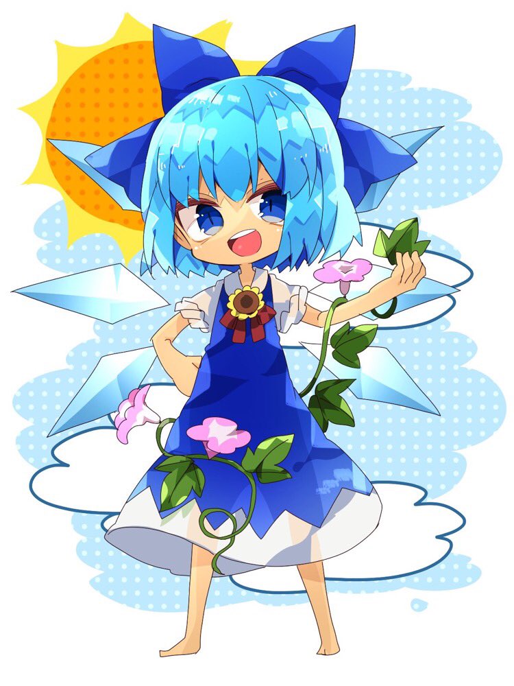 1girl barefoot blue_dress blue_eyes blue_hair bow chibi cirno clouds dress flower hair_bow hidden_star_in_four_seasons ice ice_wings looking_at_viewer nikorashi-ka open_mouth plant puffy_sleeves ribbon short_hair short_sleeves simple_background smile summer sun sunflower tan tanned_cirno touhou vines wings