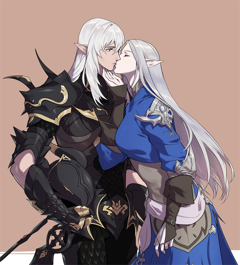 1boy 1girl armor beige_background blue_dress breastplate brown_eyes byuub closed_eyes couple cowboy_shot dress elf estinien final_fantasy final_fantasy_xiv fingerless_gloves gauntlets gloves grey_hair hair_between_eyes headwear_removed height_difference helmet helmet_removed holding holding_helmet kiss long_hair long_sleeves looking_at_another pauldrons pointy_ears scale_armor simple_background standing white_hair ysayle