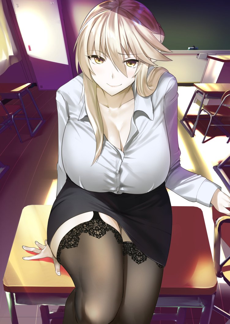 1girl artoria_pendragon_(all) artoria_pendragon_(lancer_alter) bangs black_legwear black_skirt blonde_hair blue_shirt blush breasts chair chalkboard classroom cleavage closed_mouth collarbone day desk eyebrows_visible_through_hair fate/grand_order fate_(series) garter_straps hair_between_eyes huge_breasts indoors lace-trimmed_thighhighs legs locker long_hair long_sleeves mu-nyako on_table pencil_skirt school_desk shirt sitting skirt smile solo sunlight table thigh-highs thigh_gap thighs wooden_floor yellow_eyes zettai_ryouiki