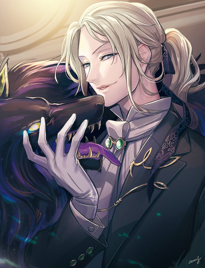 1boy amg_(nwmnmllf) black_jacket blonde_hair blue_eyes fate/grand_order fate_(series) gloves grin indoors jacket jewelry long_hair long_sleeves looking_at_viewer male_focus parted_lips ponytail shirt signature smile solo white_gloves white_shirt wolf wolfgang_amadeus_mozart_(fate/grand_order)