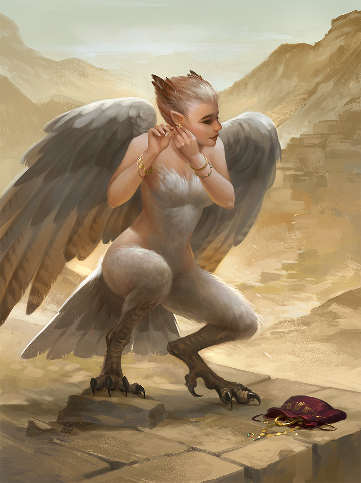 1girl bird_tail bird_wings bracelet breasts earrings fantasy feather_hair harpy jewelry lips monster_girl nude original pointy_ears short_hair small_breasts solo squatting talons wings
