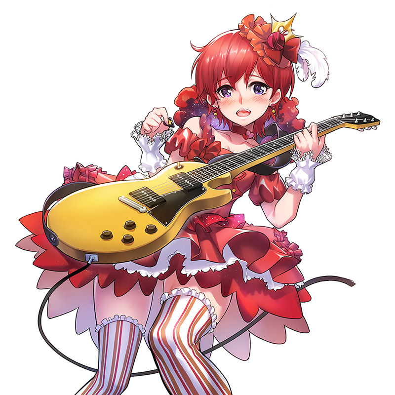 1girl blue_eyes blush bow choker collarbone commentary_request crown_hair_ornament detached_sleeves dress earrings electric_guitar embarrassed feathers guitar heart idolmaster idolmaster_million_live! instrument jewelry julia_(idolmaster) looking_at_viewer open_mouth plectrum red_dress redhead short_hair simple_background solo star striped striped_legwear thigh-highs todee white_background wrist_cuffs