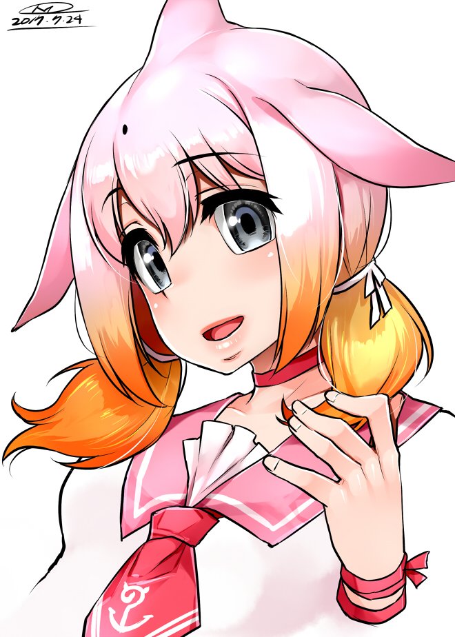 2017 :d black_eyes blonde_hair chinese_white_dolphin_(kemono_friends) dated eyebrows_visible_through_hair fins gradient_hair hair_between_eyes hand_up happa_(cloverppd) head_fins kemono_friends looking_at_viewer multicolored_hair open_mouth orange_hair pink_choker pink_hair pink_serafuku signature smile twintails upper_body